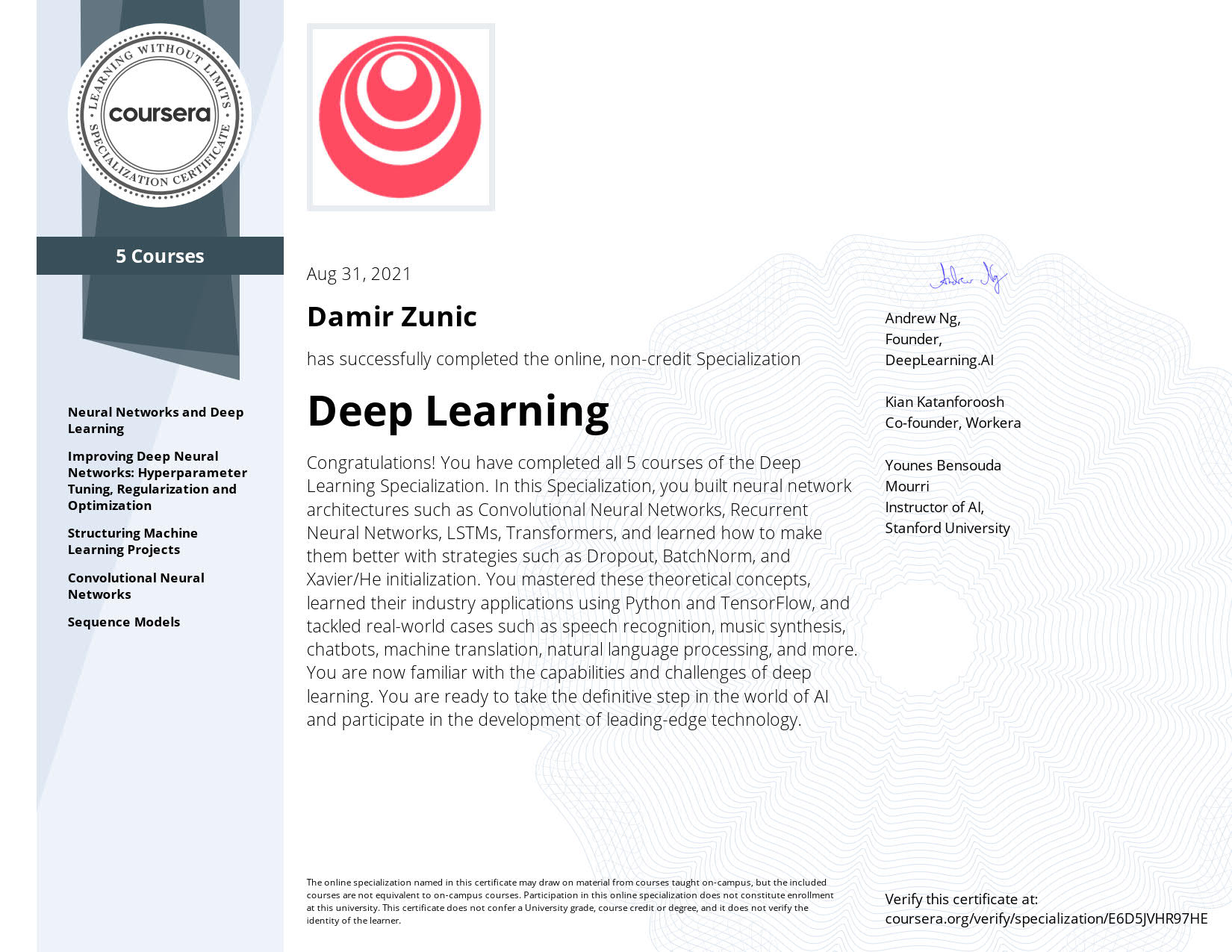 Certificate Deep Learning Specialization DeepLearning ai